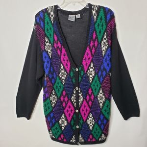 Vintage Russ Sport Co Womens Cardigan Sweater Black Multicolor Argyle Size Large